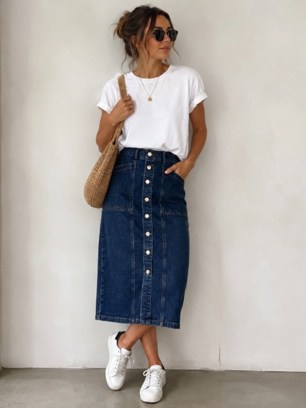 Ann Taylor Loft women's denim midi skirt size 6 pockets minimalist classic